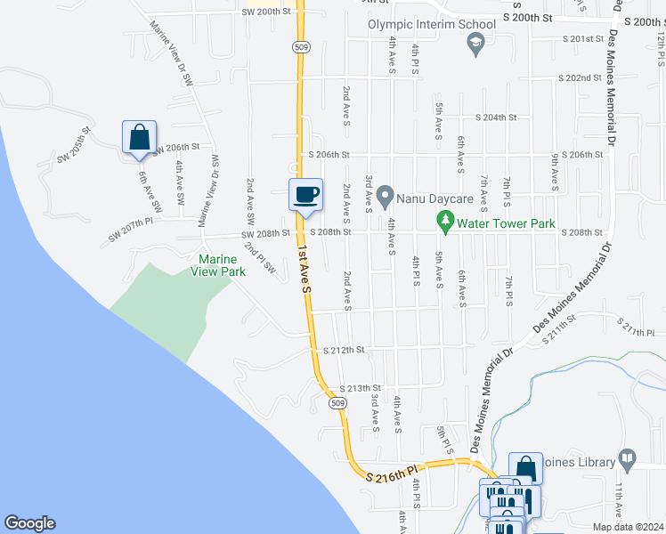 map of restaurants, bars, coffee shops, grocery stores, and more near 20848 1st Place South in Des Moines