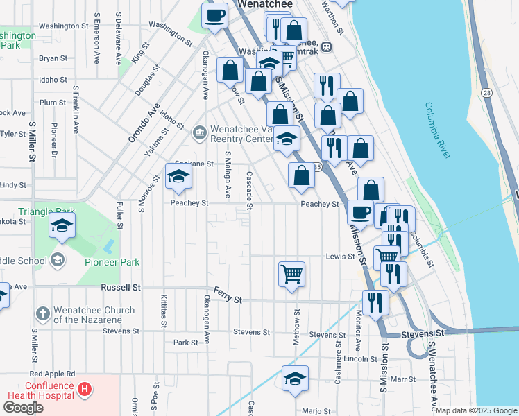 map of restaurants, bars, coffee shops, grocery stores, and more near 513 Peachey Street in Wenatchee