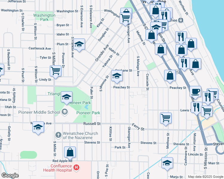 map of restaurants, bars, coffee shops, grocery stores, and more near 803 Kittitas Street in Wenatchee