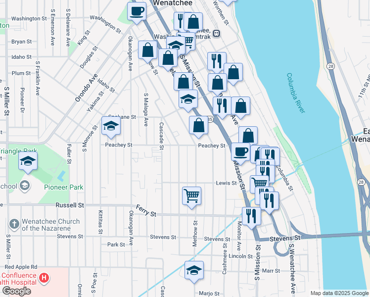 map of restaurants, bars, coffee shops, grocery stores, and more near 423 Peachey Street in Wenatchee
