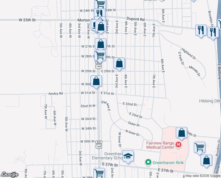 map of restaurants, bars, coffee shops, grocery stores, and more near 3014 2nd Avenue East in Hibbing