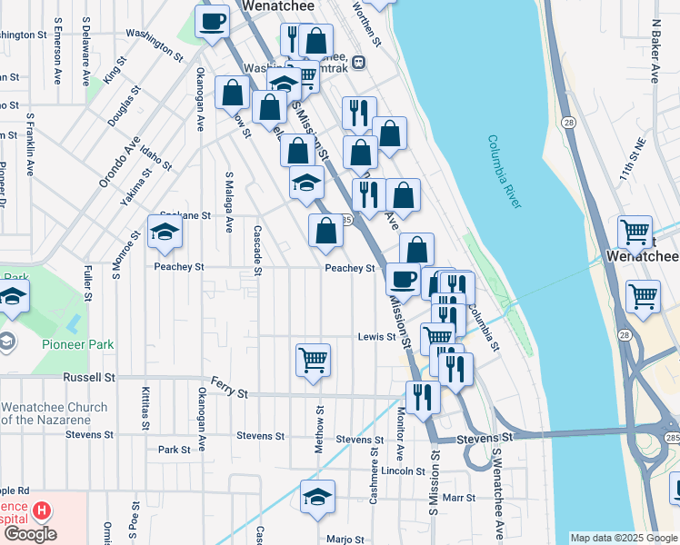 map of restaurants, bars, coffee shops, grocery stores, and more near 307 Peachey Street in Wenatchee