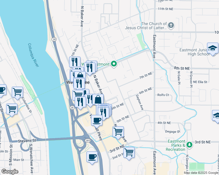 map of restaurants, bars, coffee shops, grocery stores, and more near 705 North Baker Avenue in East Wenatchee