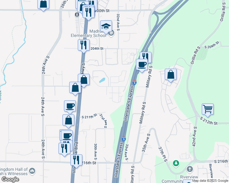 map of restaurants, bars, coffee shops, grocery stores, and more near 20810 31st Lane South in SeaTac