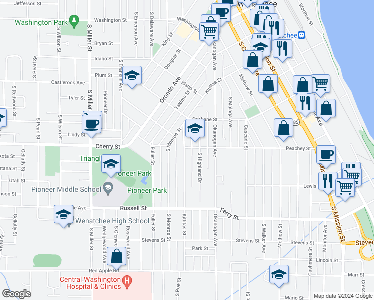 map of restaurants, bars, coffee shops, grocery stores, and more near 803 Kittitas Street in Wenatchee