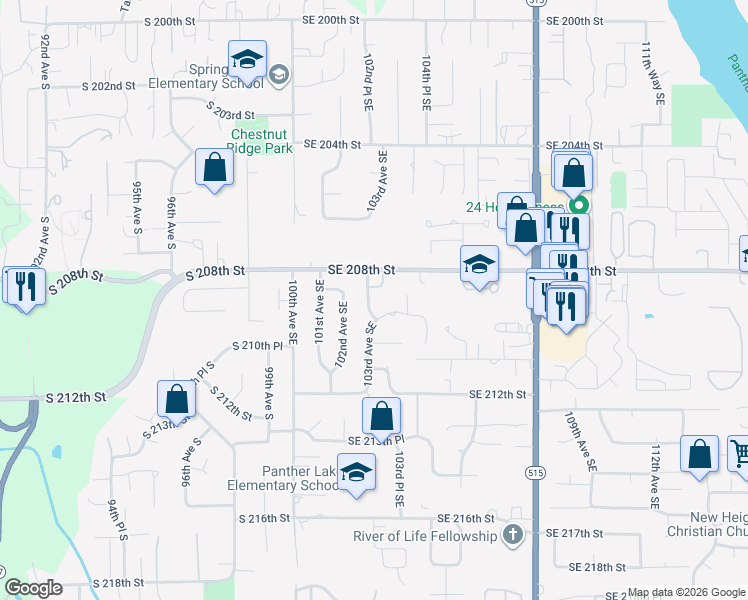 map of restaurants, bars, coffee shops, grocery stores, and more near 10320 Southeast 209th Place in Kent