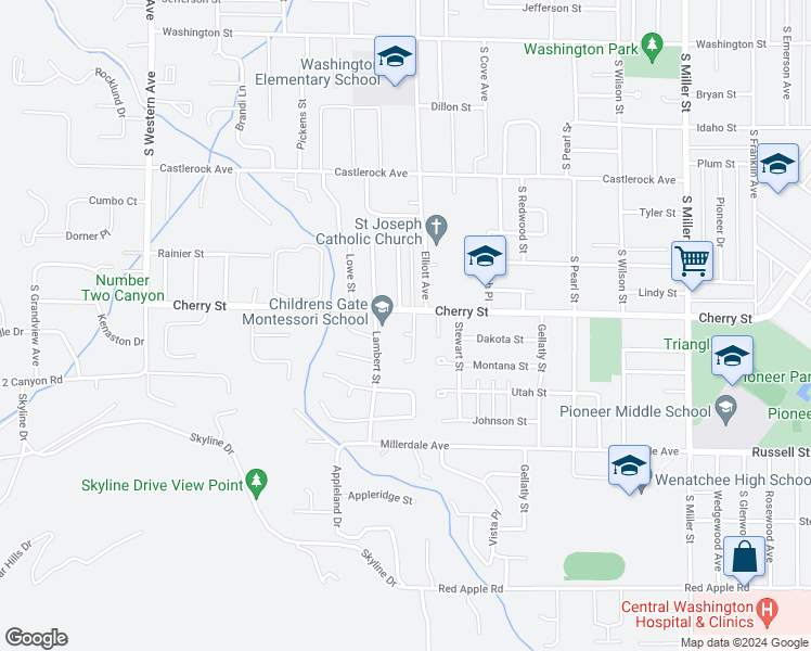 map of restaurants, bars, coffee shops, grocery stores, and more near 702 Kriewald Court in Wenatchee