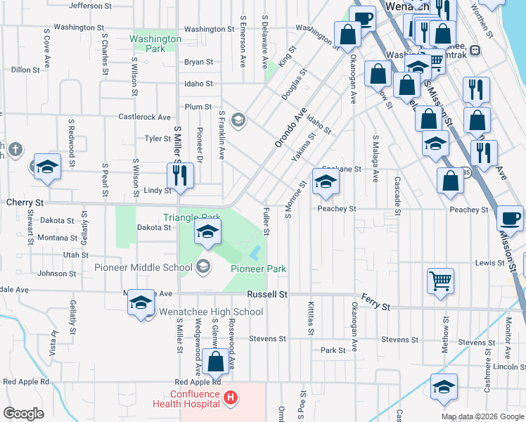 map of restaurants, bars, coffee shops, grocery stores, and more near 106 Fuller Street in Wenatchee