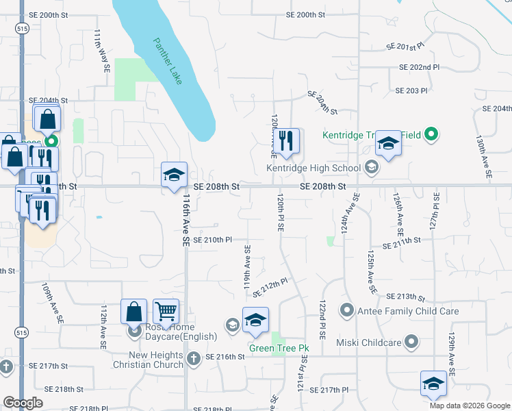 map of restaurants, bars, coffee shops, grocery stores, and more near 20908 118th Place Southeast in Kent