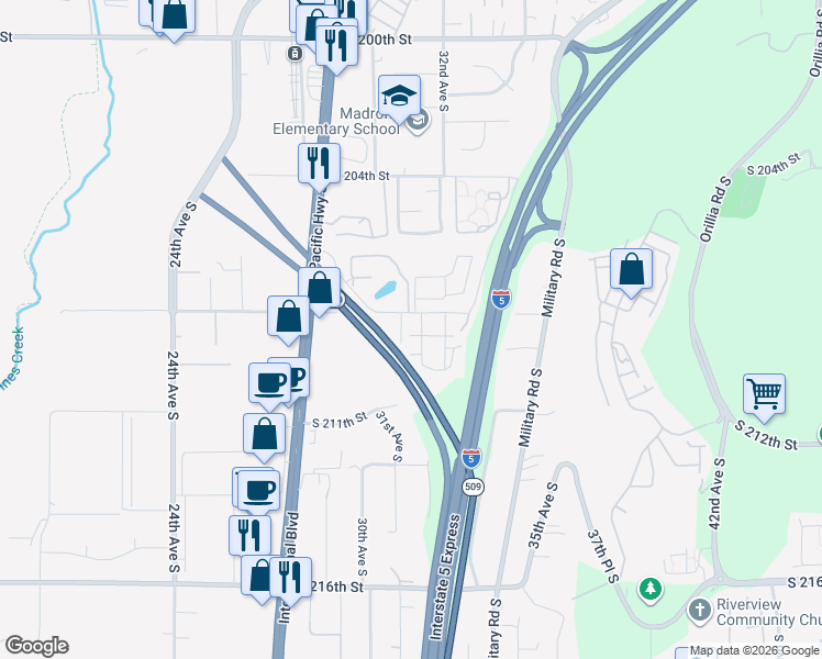 map of restaurants, bars, coffee shops, grocery stores, and more near 20815 31st Lane South in SeaTac
