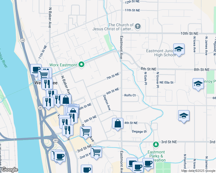 map of restaurants, bars, coffee shops, grocery stores, and more near 411 6th Street Northeast in East Wenatchee