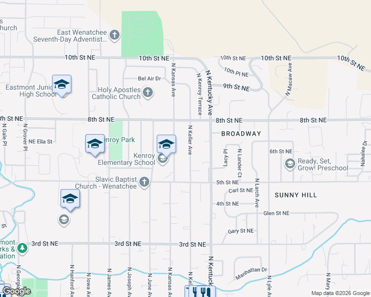 map of restaurants, bars, coffee shops, grocery stores, and more near 660 North Keller Avenue in East Wenatchee