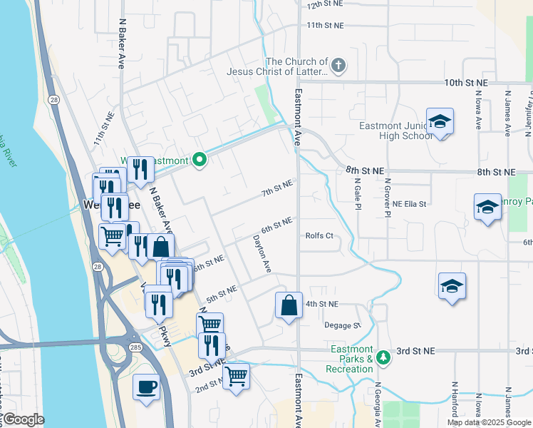 map of restaurants, bars, coffee shops, grocery stores, and more near 411 6th Street Northeast in East Wenatchee