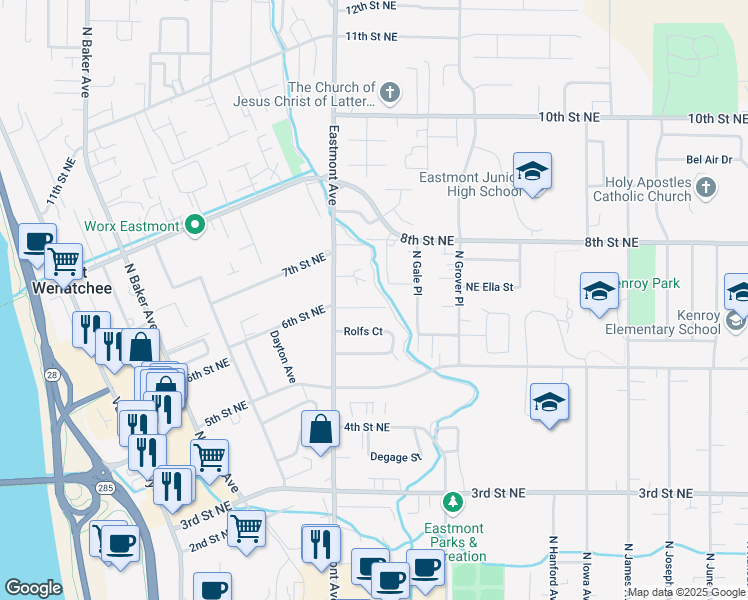 map of restaurants, bars, coffee shops, grocery stores, and more near 595 Eastmont Avenue in East Wenatchee