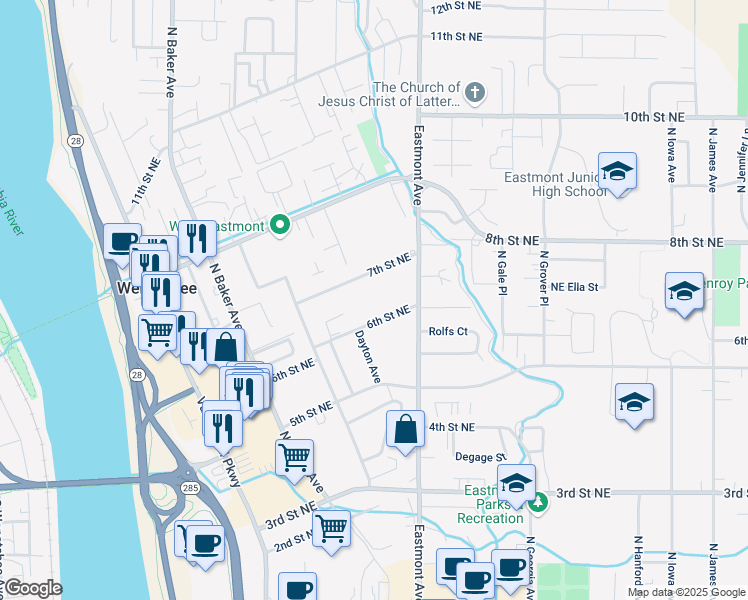 map of restaurants, bars, coffee shops, grocery stores, and more near 411 6th Street Northeast in East Wenatchee