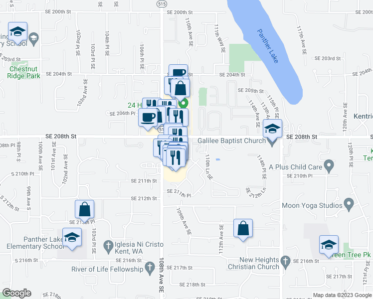 map of restaurants, bars, coffee shops, grocery stores, and more near 20836 109th Lane Southeast in Kent