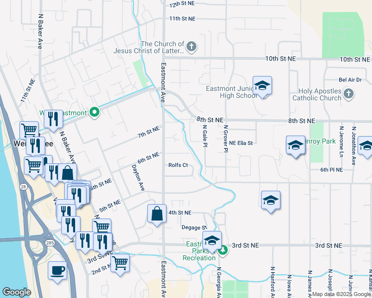 map of restaurants, bars, coffee shops, grocery stores, and more near 593 Eastmont Avenue in East Wenatchee