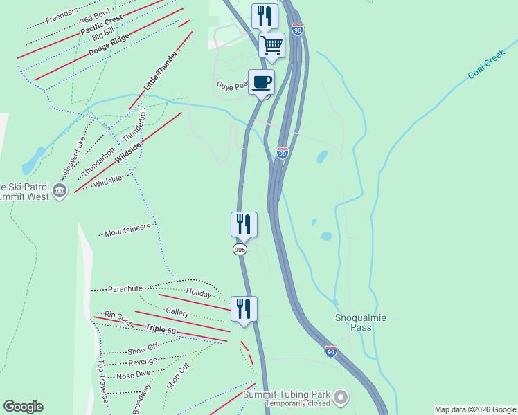 map of restaurants, bars, coffee shops, grocery stores, and more near 190 Olson Drive in Snoqualmie Pass
