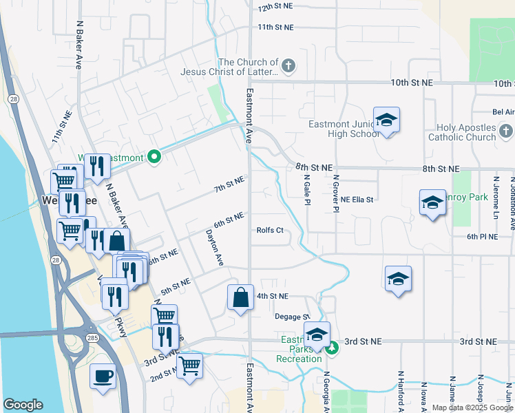 map of restaurants, bars, coffee shops, grocery stores, and more near 467 6th Street Northeast in East Wenatchee