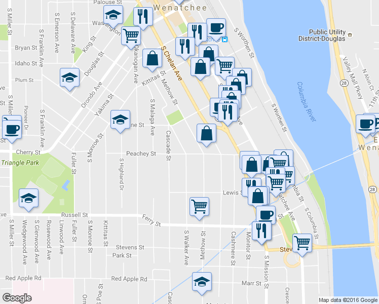 map of restaurants, bars, coffee shops, grocery stores, and more near 423 Peachey Street in Wenatchee