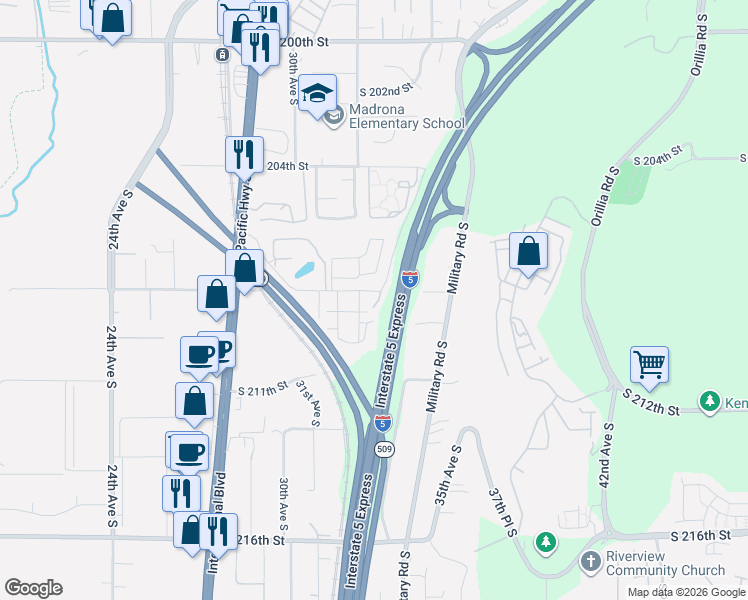 map of restaurants, bars, coffee shops, grocery stores, and more near 3201 South 208th Street in SeaTac