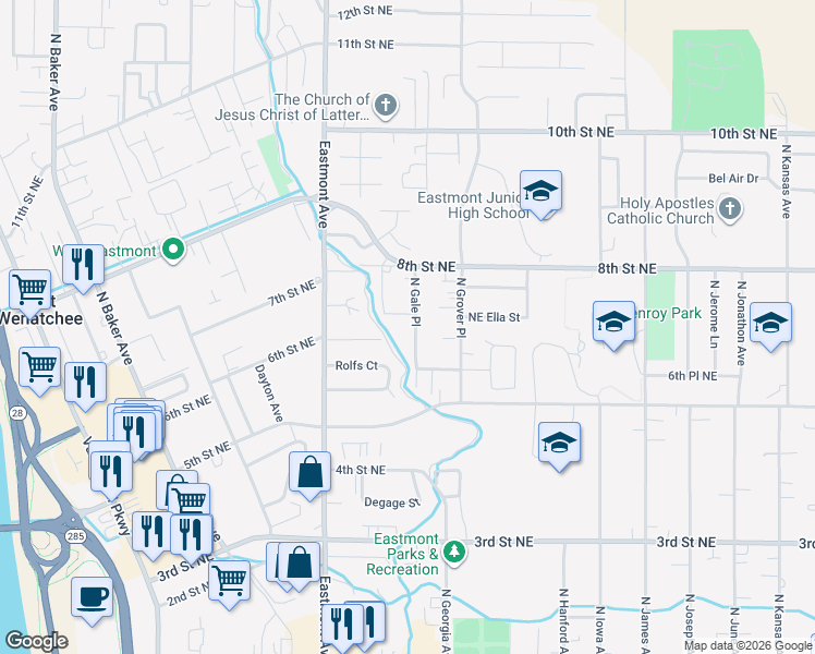 map of restaurants, bars, coffee shops, grocery stores, and more near 748 North Gale Place in East Wenatchee