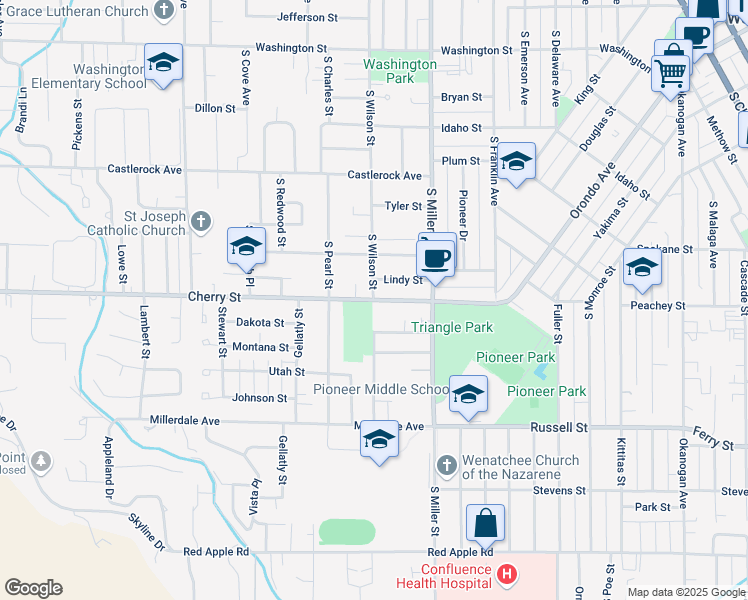 map of restaurants, bars, coffee shops, grocery stores, and more near 1100 Cherry Street in Wenatchee