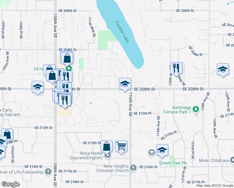 map of restaurants, bars, coffee shops, grocery stores, and more near 20820 114th Place Southeast in Kent