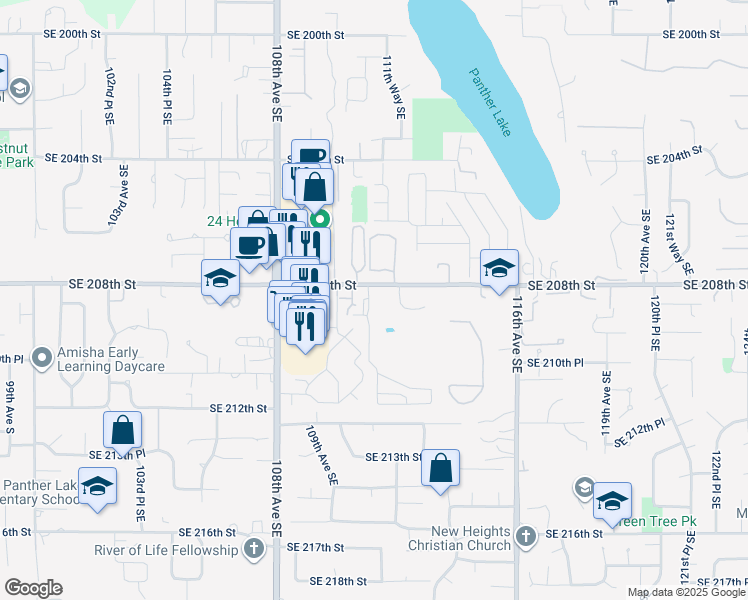 map of restaurants, bars, coffee shops, grocery stores, and more near 11101 Southeast 208th Street in Kent