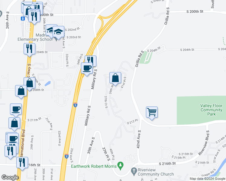 map of restaurants, bars, coffee shops, grocery stores, and more near 21026 40th Place South in SeaTac