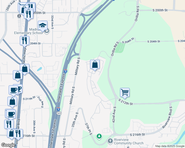map of restaurants, bars, coffee shops, grocery stores, and more near 21010 39th Way South in SeaTac