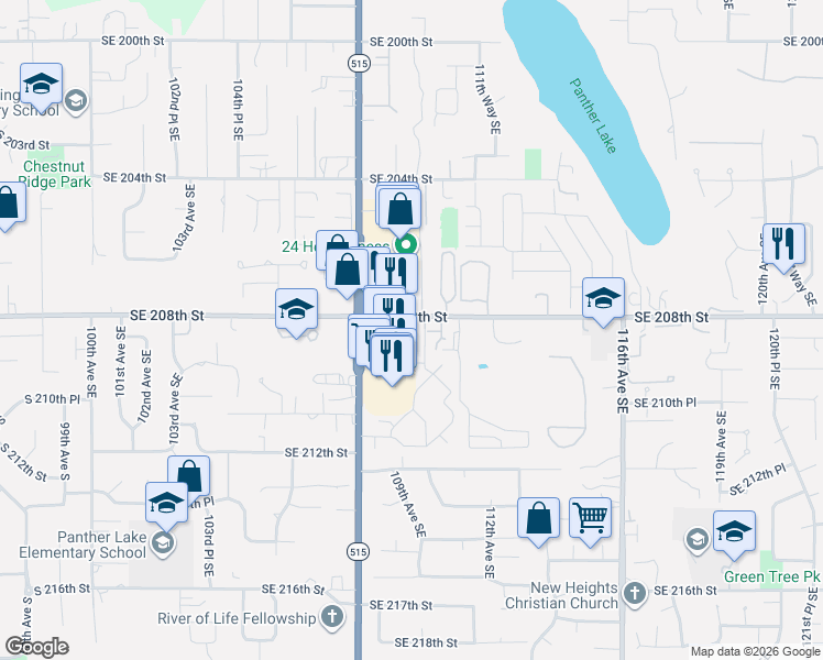 map of restaurants, bars, coffee shops, grocery stores, and more near 20836 109th Lane Southeast in Kent