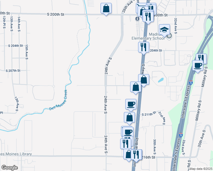 map of restaurants, bars, coffee shops, grocery stores, and more near 2341 South 208th Street in SeaTac