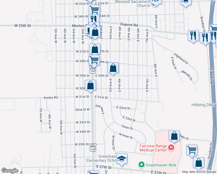 map of restaurants, bars, coffee shops, grocery stores, and more near 3014 2nd Avenue East in Hibbing