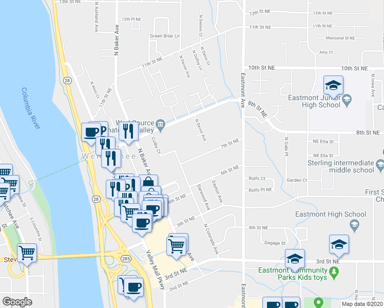 map of restaurants, bars, coffee shops, grocery stores, and more near 337 7th Street Northeast in East Wenatchee