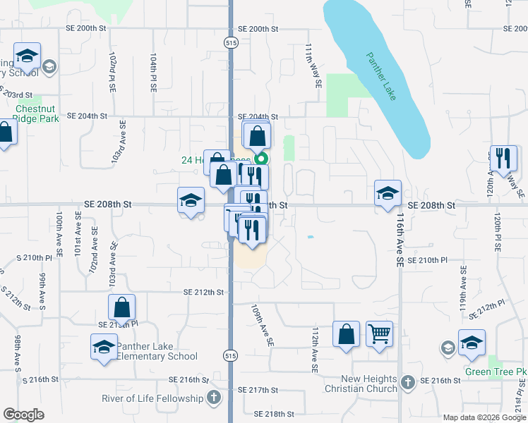 map of restaurants, bars, coffee shops, grocery stores, and more near 20805 109th Lane Southeast in Kent