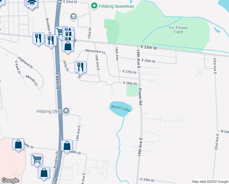 map of restaurants, bars, coffee shops, grocery stores, and more near 1651 East 29th Street in Hibbing
