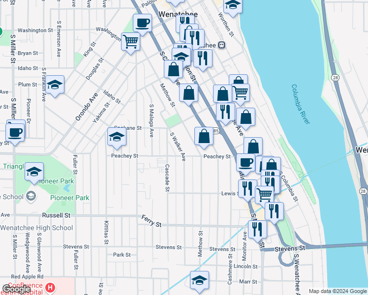 map of restaurants, bars, coffee shops, grocery stores, and more near 513 Peachey Street in Wenatchee