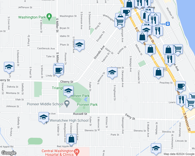 map of restaurants, bars, coffee shops, grocery stores, and more near 751 South Monroe Street in Wenatchee