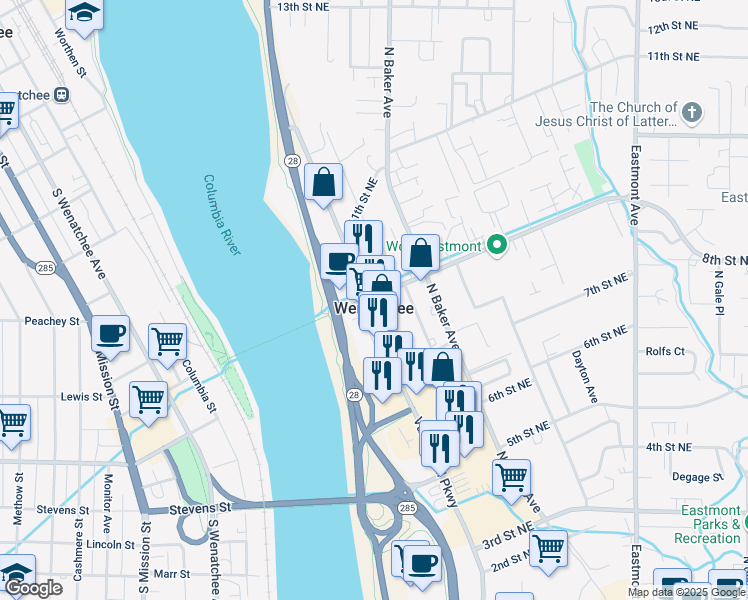 map of restaurants, bars, coffee shops, grocery stores, and more near in East Wenatchee