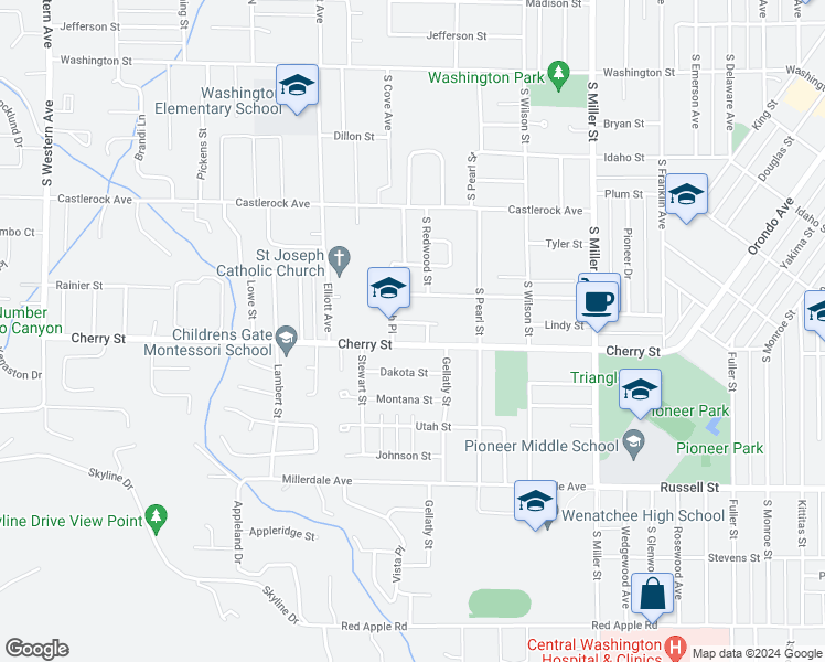 map of restaurants, bars, coffee shops, grocery stores, and more near 1239 Susan Place in Wenatchee