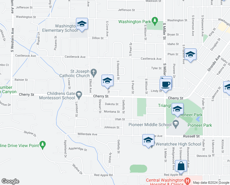 map of restaurants, bars, coffee shops, grocery stores, and more near 1237 Susan Place in Wenatchee