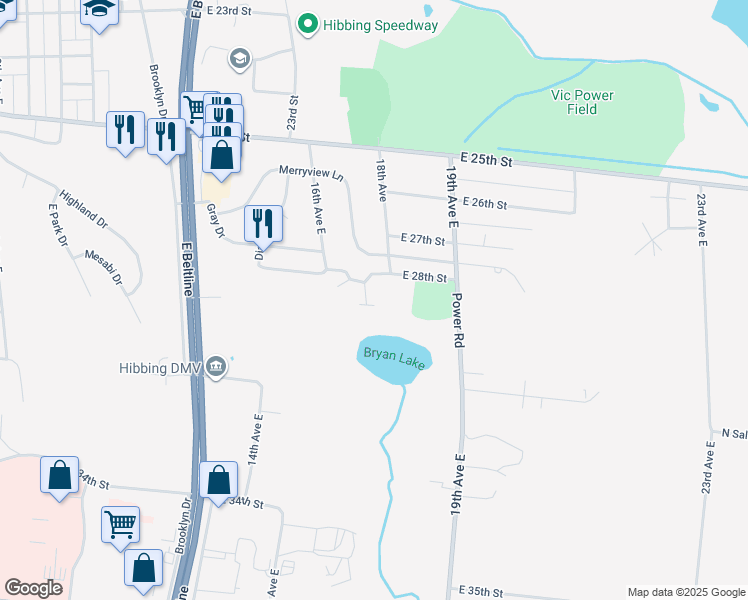 map of restaurants, bars, coffee shops, grocery stores, and more near 1651 East 29th Street in Hibbing