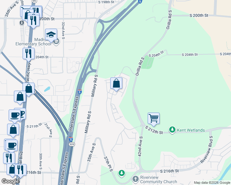 map of restaurants, bars, coffee shops, grocery stores, and more near 20982 39th Way South in SeaTac