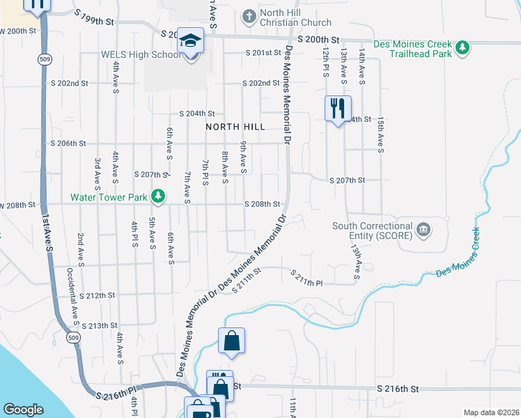 map of restaurants, bars, coffee shops, grocery stores, and more near 20727 10th Avenue South in Des Moines