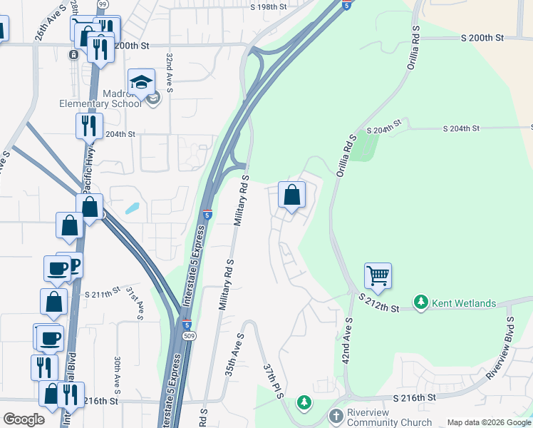 map of restaurants, bars, coffee shops, grocery stores, and more near 20998 37th Place South in SeaTac
