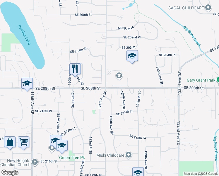 map of restaurants, bars, coffee shops, grocery stores, and more near 12500 Southeast 208th Street in Kent