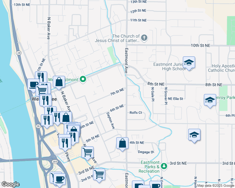 map of restaurants, bars, coffee shops, grocery stores, and more near 464 7th Street Northeast in East Wenatchee