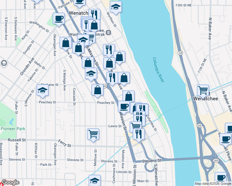 map of restaurants, bars, coffee shops, grocery stores, and more near 611 South Mission Street in Wenatchee