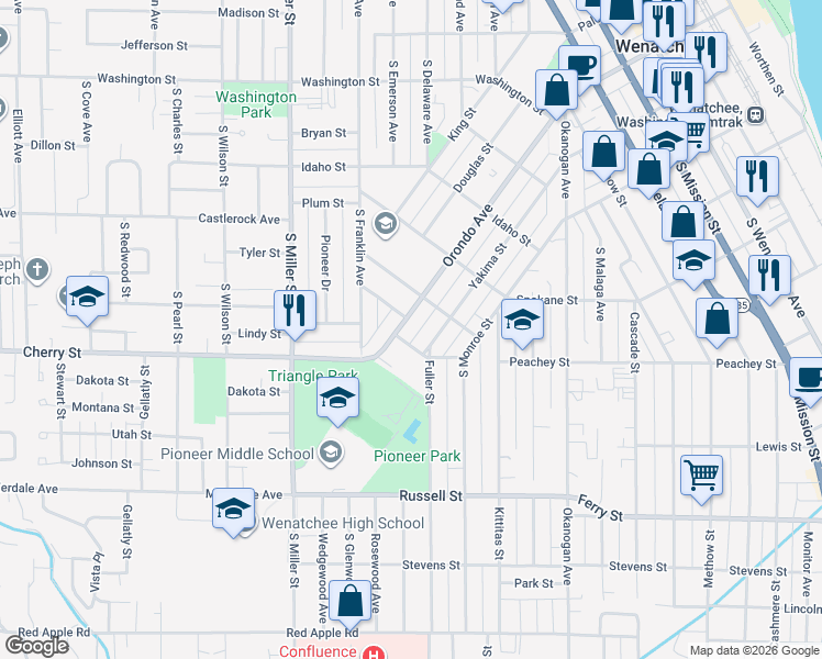 map of restaurants, bars, coffee shops, grocery stores, and more near 807 Orondo Avenue in Wenatchee